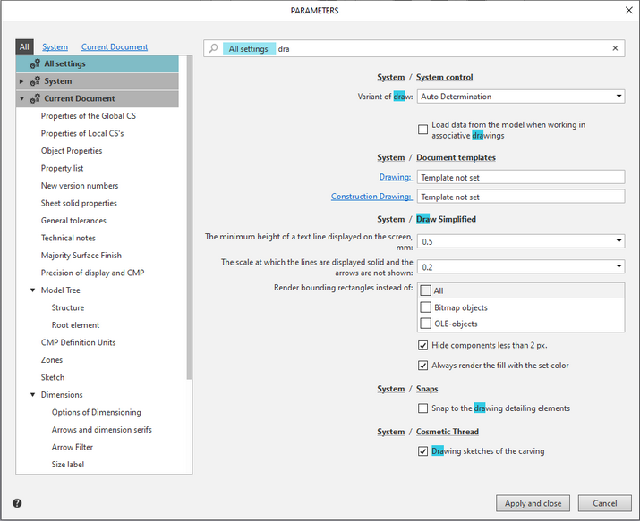 System and Current Document Settings Dialog