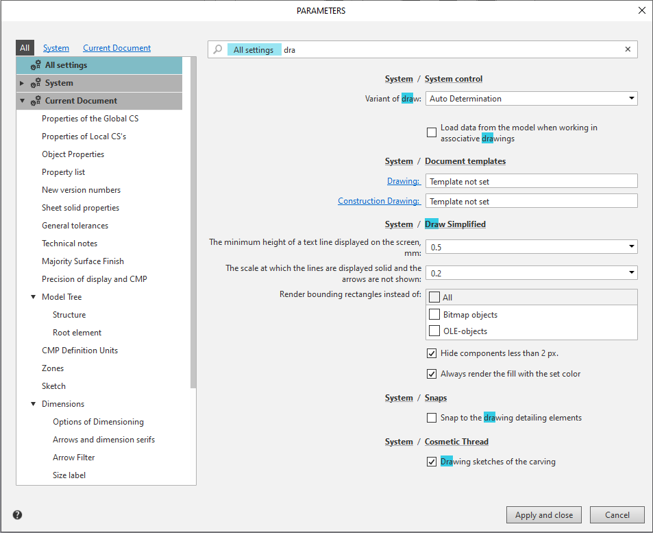 System and Current Document Settings Dialog